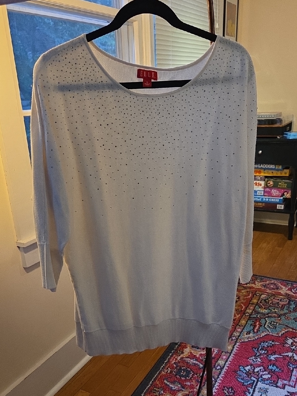 ELLE White Scoop Neck Sweater with Stud Accents